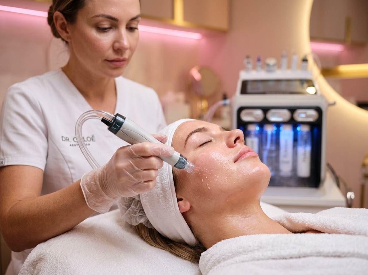Aesthetician performing luxury Hydra facial deep pore treatment